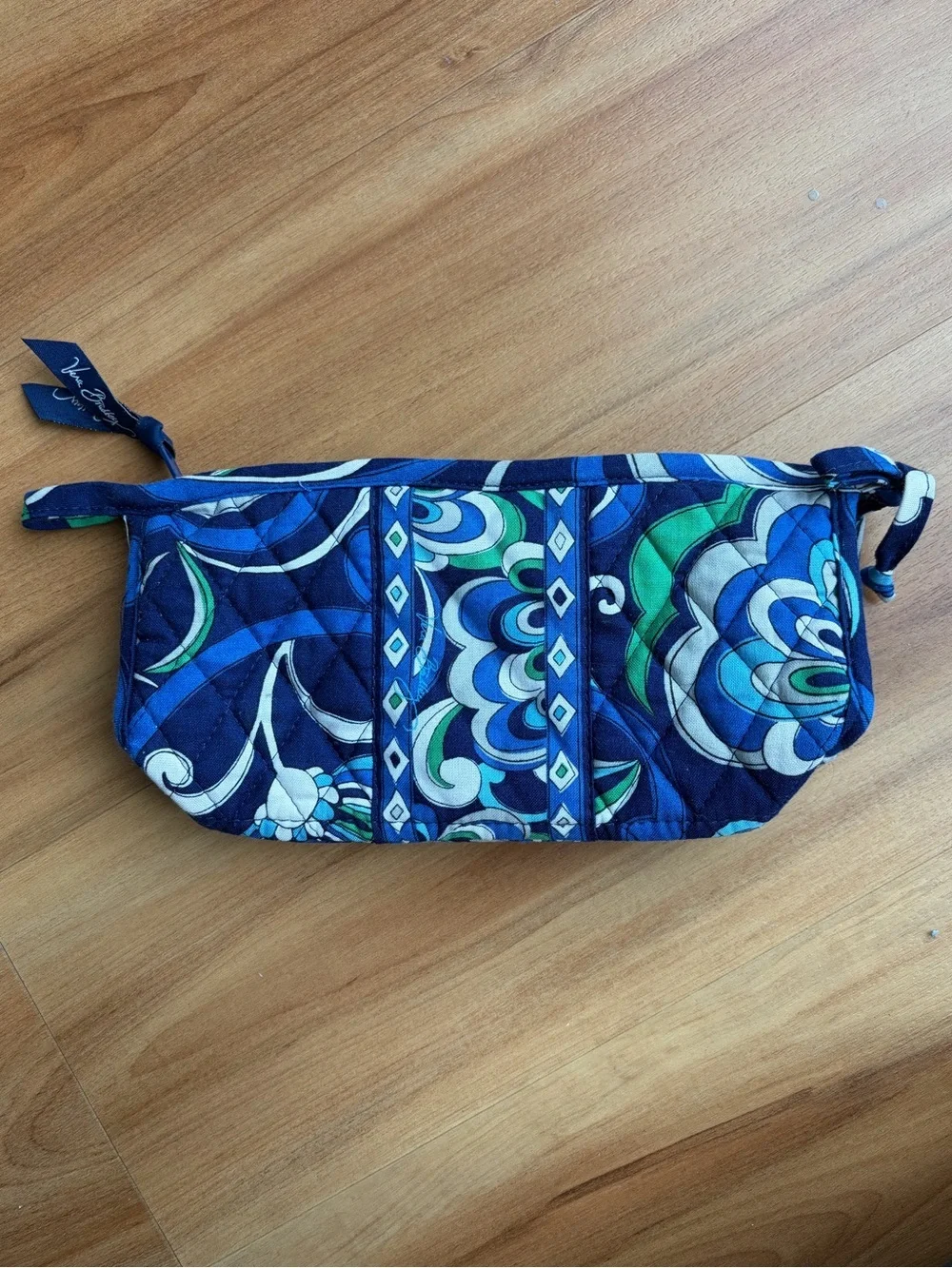 Vera Bradley Quilted Cosmetic Bag Blue Green Floral Large Zip Pouch Travel